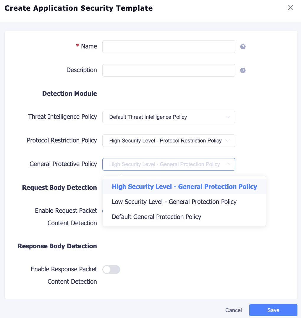 Create Application Security Template interface